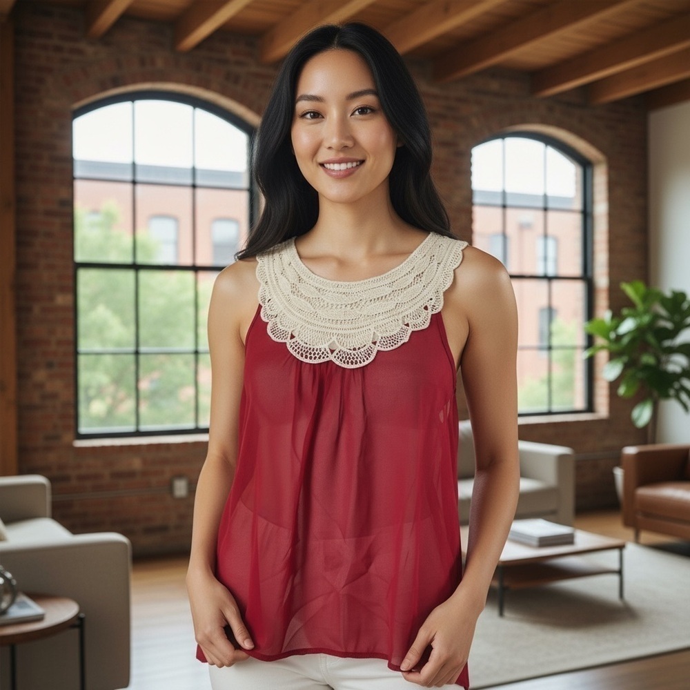Umgee Red Ivory Crochet Sleeveles Top Size S